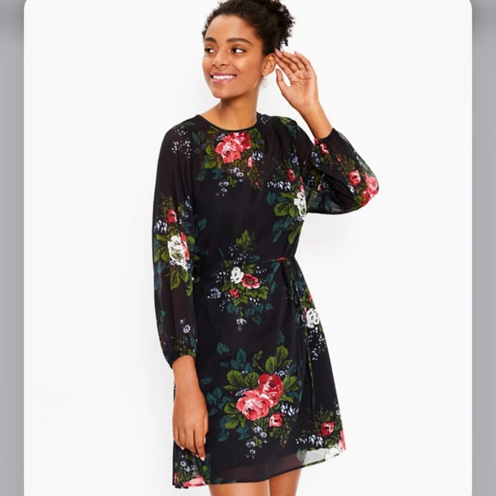 NWT LOFT‎ Tie Waist Sheer Floral Dress - Black